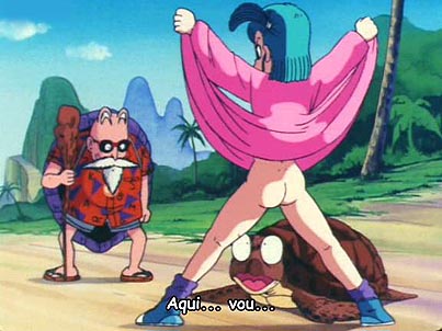 Bulma em cena censurada se oferecendo para o mestre Kami, mostrando sua perseguida.